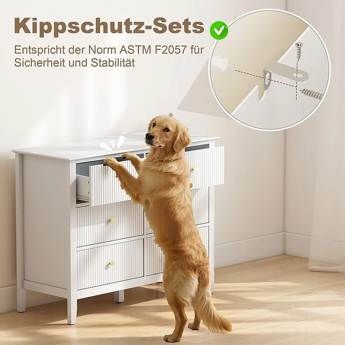 Homcom Kommode 2-teilig - L x B x H: 100 x 40 x 78 cm, Weiß, Anzahl Schubladen: 6 Stk. - Weißes Sideboard mit Hund zeigt das ASTM F2057 konforme Kippschutz-Set für Sicherheit und Stabilität.