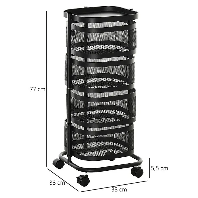 Homcom Kommode 1-teilig - L x B x H: 33 x 33 x 77 cm, Schwarz - Schwarzer Metall-Rollwagen mit mehreren Gitterkörben.