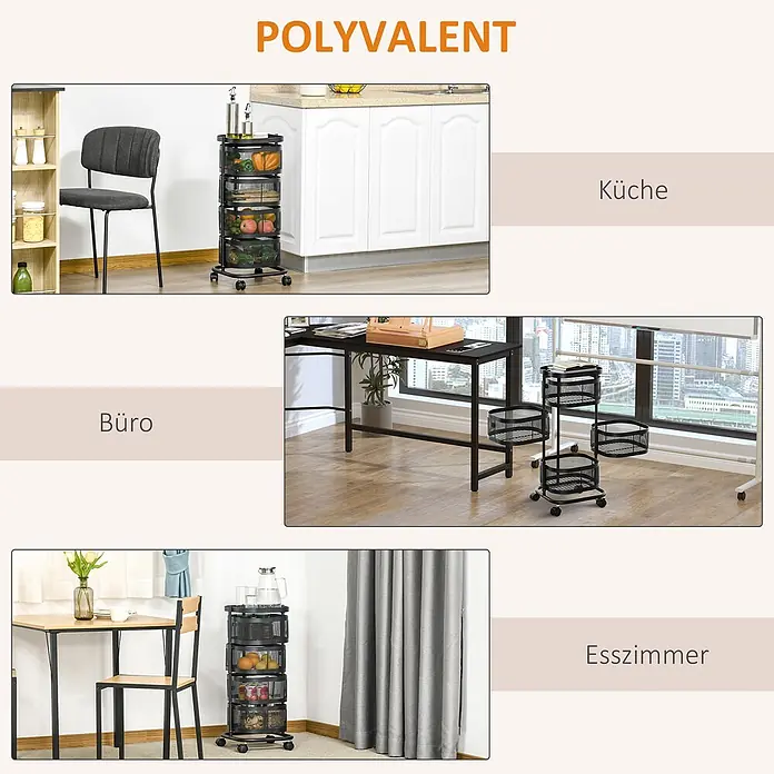 Homcom Kommode 1-teilig - L x B x H: 33 x 33 x 77 cm, Schwarz - Schwarzer Rollwagen aus Metallgitter, in Küche, Büro und Esszimmer gezeigt, was seine vielseitige Nutzung demonstriert.