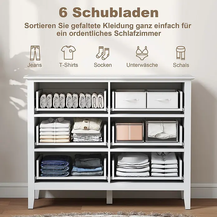 Homcom Kommode 2-teilig - L x B x H: 100 x 40 x 78 cm, Weiß, Anzahl Schubladen: 6 Stk. - Weißer Schrank mit 6 Schubladen zur Organisation gefalteter Kleidung wie Jeans, T-Shirts, Socken, Unterwäsche und Schals.