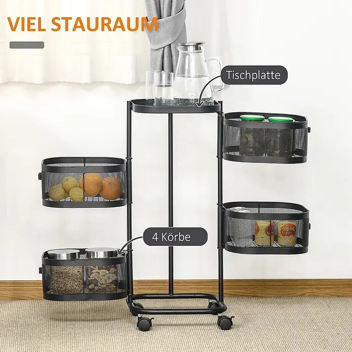 Homcom Kommode 1-teilig - L x B x H: 33 x 33 x 77 cm, Schwarz - Schwarzer Rollwagen aus Metall mit einer Tischplatte und 4 Gitterkörben, gefüllt mit verschiedenen Gegenständen in einem Raum.