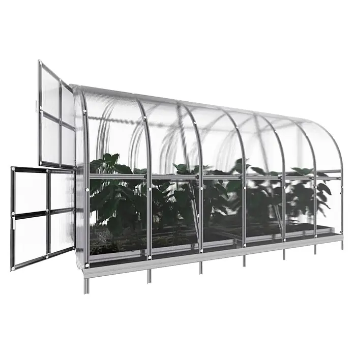 Klasika Greenhouses Gewächshaus Arch Klasika - Außenmaß inkl. Dachüberstand (B x T): 300 x 400 cm, Material Seitenwand: Kunststoff, 4 mm, Silbergrau - Gebogenes Mini-Gewächshaus mit transparenten Paneelen, silbernem Rahmen und offener Seitentür, Pflanzen sichtbar.