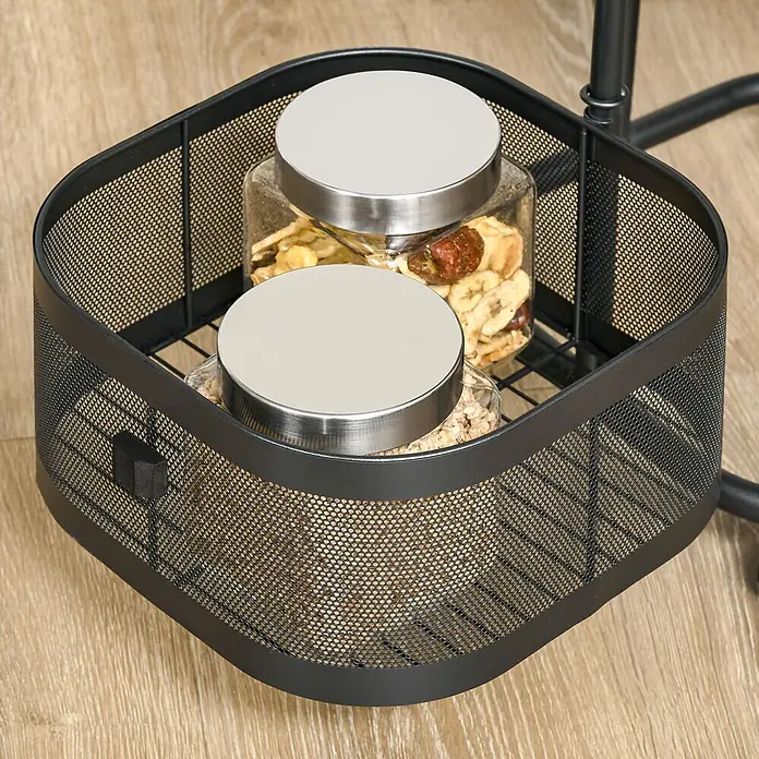 Homcom Kommode 1-teilig - L x B x H: 33 x 33 x 77 cm, Schwarz - Schwarzer Netz-Metall-Aufbewahrungskorb mit zwei Glasbehältern und silbernen Deckeln, gefüllt mit Trockenfrüchten und Müsli.
