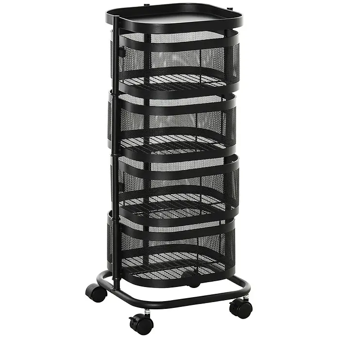 Homcom Kommode 1-teilig - L x B x H: 33 x 33 x 77 cm, Schwarz - Schwarzer Rollwagen aus Metallgitter mit mehreren drehbaren Etagen und einer Ablage oben.