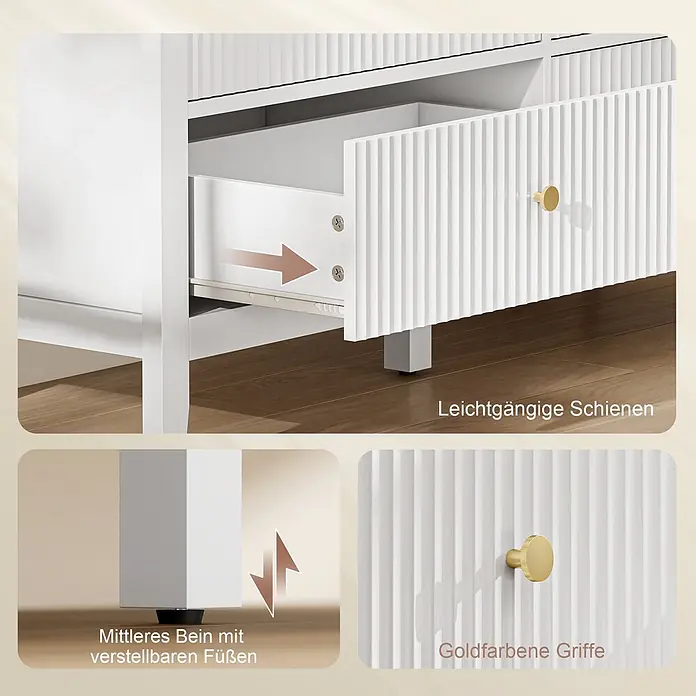 Homcom Kommode 2-teilig - L x B x H: 100 x 40 x 78 cm, Weiß, Anzahl Schubladen: 6 Stk. - Weißer Rillenschubladenschrank mit Goldknöpfen, leichtgängigen Schienen und verstellbarem Mittelbein.