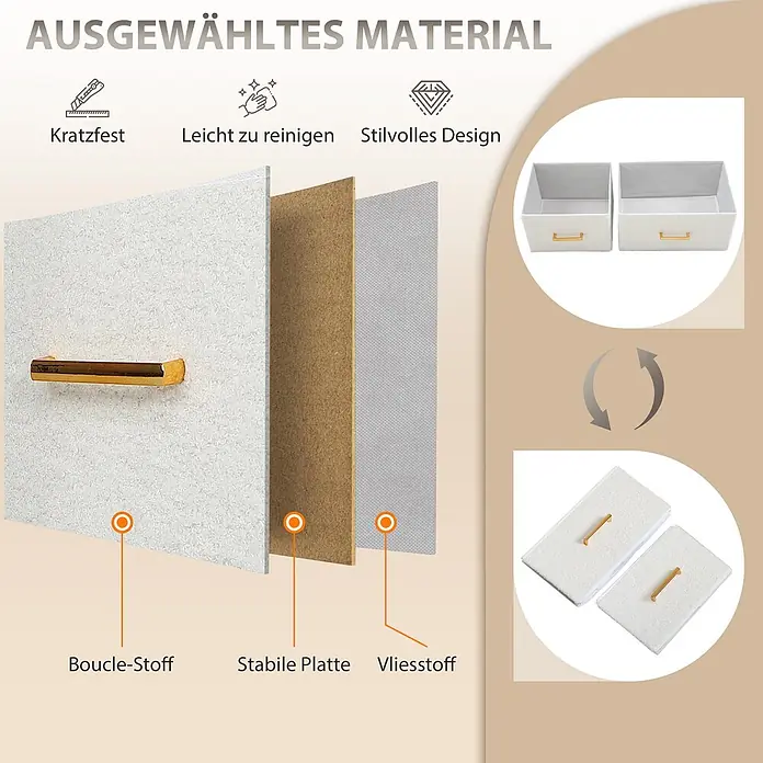 Homcom Kommode 1-teilig - L x B x H: 110 x 30 x 76 cm, Cremeweiß, Anzahl Schubladen: 8 Stk. - Schnittbild des Boxenmaterials: weißer Bouclé-Stoff, stabile Platte, Vliesstoff. Zeigt fertige Boxen und gefaltete Paneele.