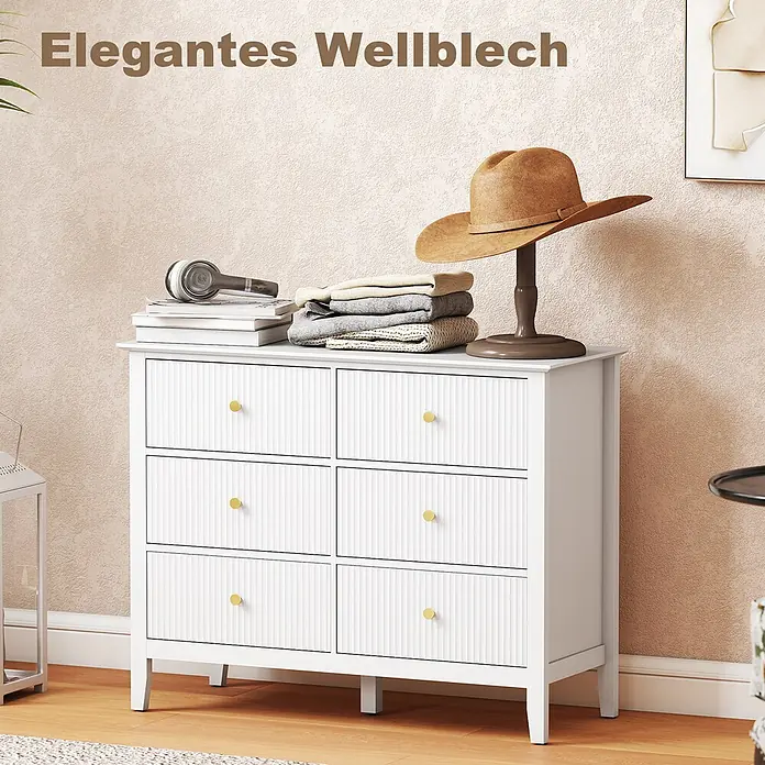 Homcom Kommode 2-teilig - L x B x H: 100 x 40 x 78 cm, Weiß, Anzahl Schubladen: 6 Stk. - Weiße Kommode mit sechs gerippten Schubladen und goldenen Knöpfen, mit Kleidung und Büchern in einem Raum.