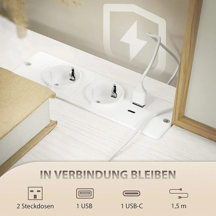 Homcom Kommode 1-teilig - L x B x H: 110 x 30 x 76 cm, Cremeweiß, Anzahl Schubladen: 8 Stk. - Weißer integrierter Mehrfachstecker mit 2 Schukosteckdosen, 1 USB-A und 1 USB-C Anschluss, bündig in eine helle Holzplatte eingebaut.
