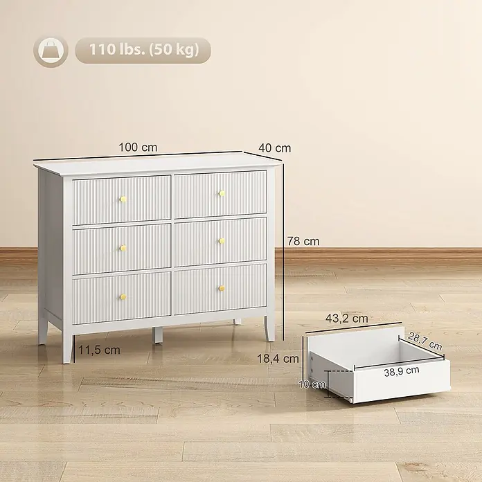 Homcom Kommode 2-teilig - L x B x H: 100 x 40 x 78 cm, Weiß, Anzahl Schubladen: 6 Stk. - Weiße 6-Schubladen-Kommode mit goldfarbenen Knöpfen, Maße 100x40x78 cm. Detaillierte Produkt- und Schubladenmaße sind abgebildet.