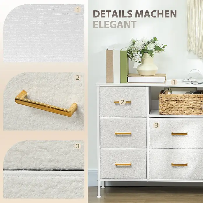 Homcom Kommode 1-teilig - L x B x H: 110 x 30 x 76 cm, Cremeweiß, Anzahl Schubladen: 8 Stk. - Weiße Kommode mit sechs Stoffschubladen und goldenen Griffen, einer offenen Ablage, in einem Raum.