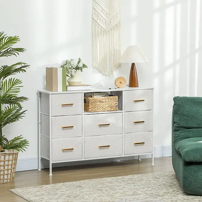 Homcom Kommode 1-teilig - L x B x H: 110 x 30 x 76 cm, Cremeweiß, Anzahl Schubladen: 8 Stk. - Weißes Stoff-Aufbewahrungskommode mit goldfarbenen Griffen und offenem Mittelfach, dekoriert in einem Raum.