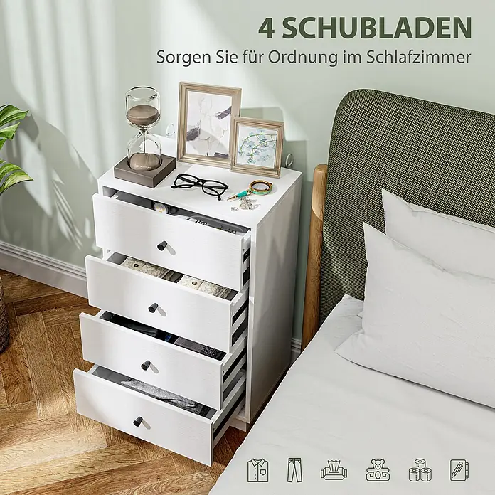 Homcom Kommode 1-teilig - L x B x H: 47 x 29 x 75 cm, Weiß, Anzahl Schubladen: 4 Stk. - Weißer Nachttisch mit 4 offenen Schubladen neben einem Bett, zeigt aufgeräumte Gegenstände. Bietet viel Stauraum im Schlafzimmer.