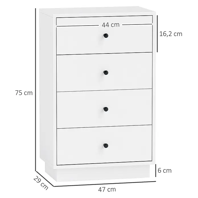 Homcom Kommode 1-teilig - L x B x H: 47 x 29 x 75 cm, Weiß, Anzahl Schubladen: 4 Stk. - Weiße Kommode mit 4 Schubladen und schwarzen Knöpfen. Maße: 75 cm hoch, 47 cm breit, 29 cm tief.