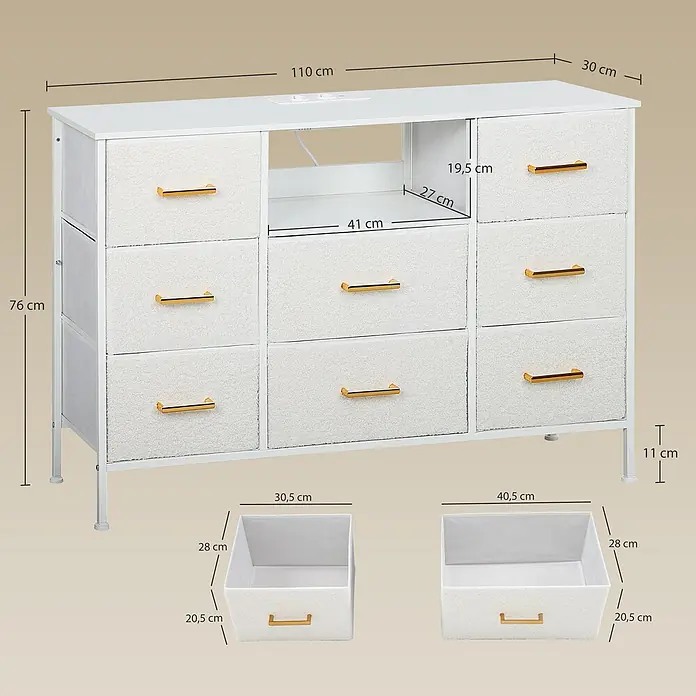 Homcom Kommode 1-teilig - L x B x H: 110 x 30 x 76 cm, Cremeweiß, Anzahl Schubladen: 8 Stk. - Weißer Kommode mit flauschigen Stoffschubladen, goldenen Griffen und offenem Mittelfach mit Steckdosen. Enthält zwei Schubladengrößen.