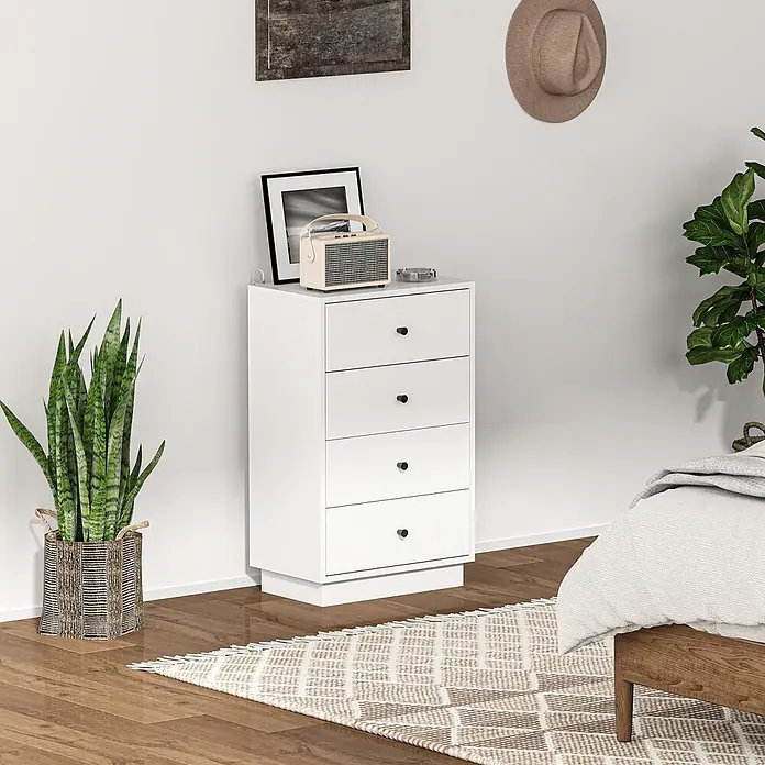 Homcom Kommode 1-teilig - L x B x H: 47 x 29 x 75 cm, Weiß, Anzahl Schubladen: 4 Stk. - Weißer Kommode mit vier Schubladen und schwarzen Knäufen, als kompakte Aufbewahrung im Schlafzimmer neben einem Bett.