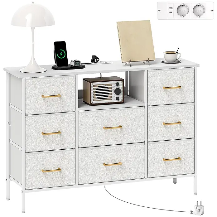 Homcom Kommode 1-teilig - L x B x H: 110 x 30 x 76 cm, Cremeweiß, Anzahl Schubladen: 8 Stk. - Weißer Kommodenschrank mit 9 strukturierten Stoffschubladen, goldenen Griffen und integrierter Steckdosenleiste (USB/EU-Steckdosen).