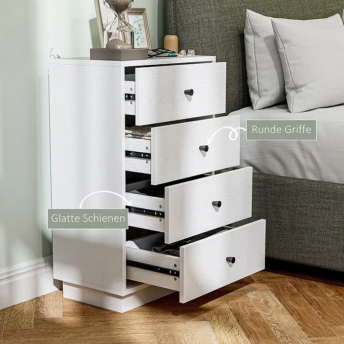 Homcom Kommode 1-teilig - L x B x H: 47 x 29 x 75 cm, Weiß, Anzahl Schubladen: 4 Stk. - Weißer Kommode mit fünf leichtgängigen Schubladen und runden schwarzen Griffen, neben einem Bett.