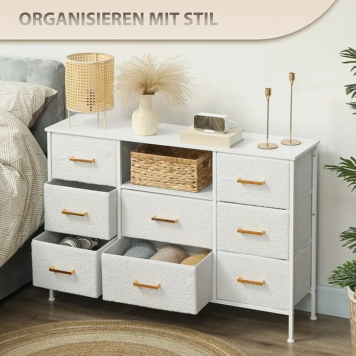 Homcom Kommode 1-teilig - L x B x H: 110 x 30 x 76 cm, Cremeweiß, Anzahl Schubladen: 8 Stk. - Weißes Stoffkommode mit 9 Schubladen und Goldgriffen, organisiert Gegenstände wie Kopfhörer und Kleidung im Schlafzimmer.