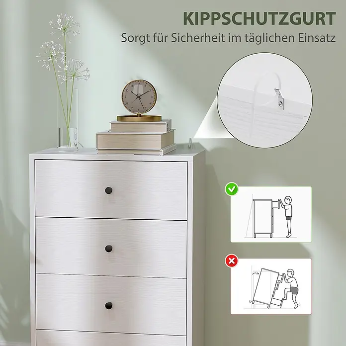 Homcom Kommode 1-teilig - L x B x H: 47 x 29 x 75 cm, Weiß, Anzahl Schubladen: 4 Stk. - Weiße Kommode mit Holzmaserung und Kippschutzgurt für Sicherheit, zusammen mit Dekoartikeln und Sicherheitsanweisungen.