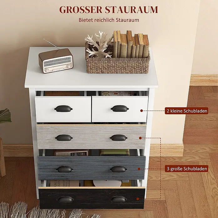 Homcom Kommode 1-teilig - L x B x H: 70 x 38 x 85 cm, Weiß, grau, Anzahl Schubladen: 5 Stk. - Weiße Kommode mit 2 kleinen weißen und 3 größeren, mehrfarbigen Schubladen mit dunklen Griffen. Oben Deko und Bücher.