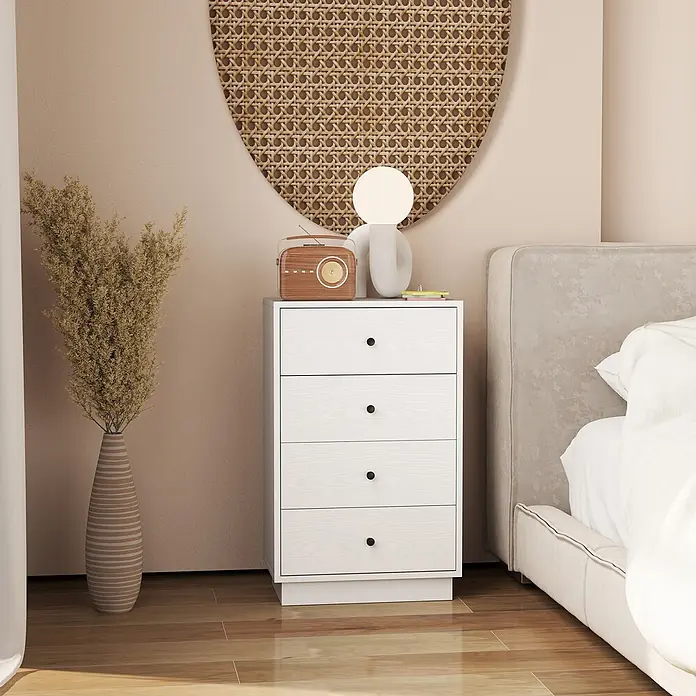 Homcom Kommode 1-teilig - L x B x H: 47 x 29 x 75 cm, Weiß, Anzahl Schubladen: 4 Stk. - Weiße Holzkommode mit vier Schubladen und schwarzen Knöpfen, als Nachttisch im Schlafzimmer.