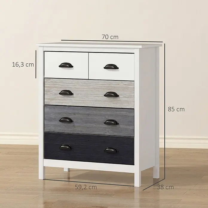 Homcom Kommode 1-teilig - L x B x H: 70 x 38 x 85 cm, Weiß, grau, Anzahl Schubladen: 5 Stk. - Weiße Kommode (70x85x38 cm) mit zwei weißen oberen Schubladen und drei grau-blauen Holzoptik-Schubladen mit schwarzen Griffen.