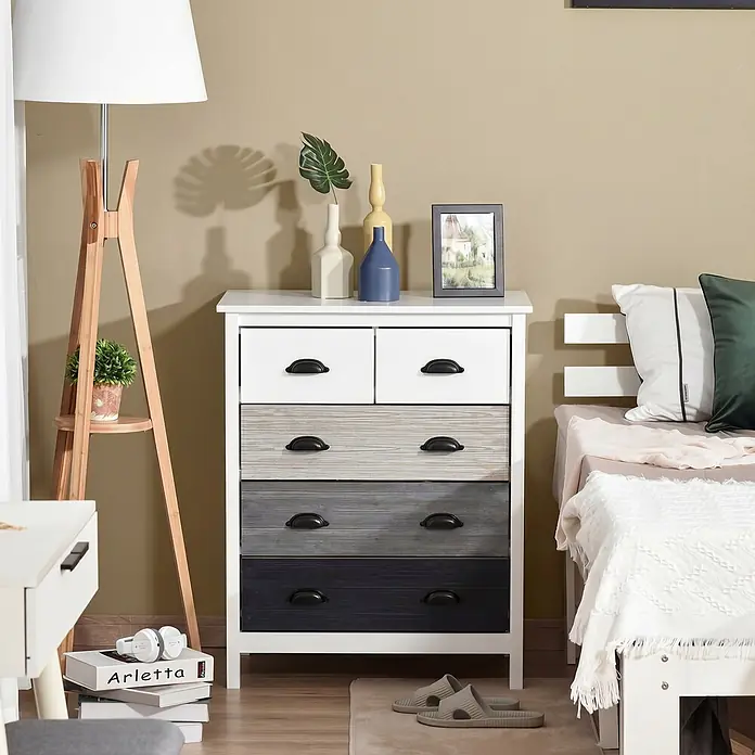 Homcom Kommode 1-teilig - L x B x H: 70 x 38 x 85 cm, Weiß, grau, Anzahl Schubladen: 5 Stk. - Fünfschubladen-Kommode mit weißem Rahmen, abgestuften weiß-dunkelgrauen Schubladen und schwarzen Griffen im Schlafzimmer.