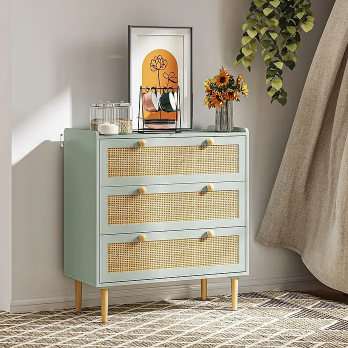 Homcom Kommode 1-teilig - L x B x H: 80 x 40 x 87,5 cm, Grün, gelb, Anzahl Schubladen: 3 Stk. - Mintgrüne Kommode mit drei Rattan-Schubladen, runden Holzknöpfen und Holzfüßen.