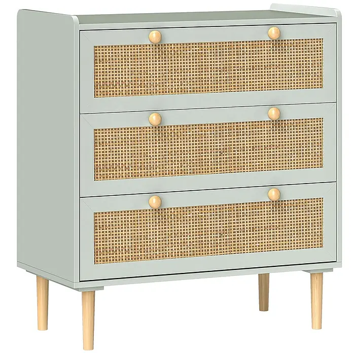 Homcom Kommode 1-teilig - L x B x H: 80 x 40 x 87,5 cm, Grün, gelb, Anzahl Schubladen: 3 Stk. - Salbeigrüner Kommode mit drei Schubladen, Rattangeflecht-Fronten und Holzknöpfen und -beinen.