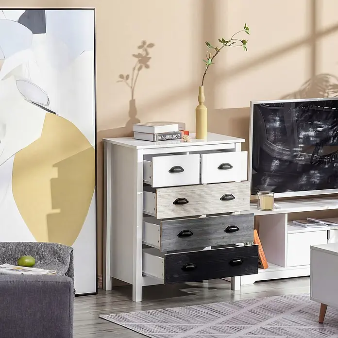 Homcom Kommode 1-teilig - L x B x H: 70 x 38 x 85 cm, Weiß, grau, Anzahl Schubladen: 5 Stk. - Weiße Kommode mit abgestuften Holzmaserungsschubladen (weiß, hellgrau, dunkelgrau, schwarz) in einem Wohnzimmer, einige Schubladen leicht geöffnet.