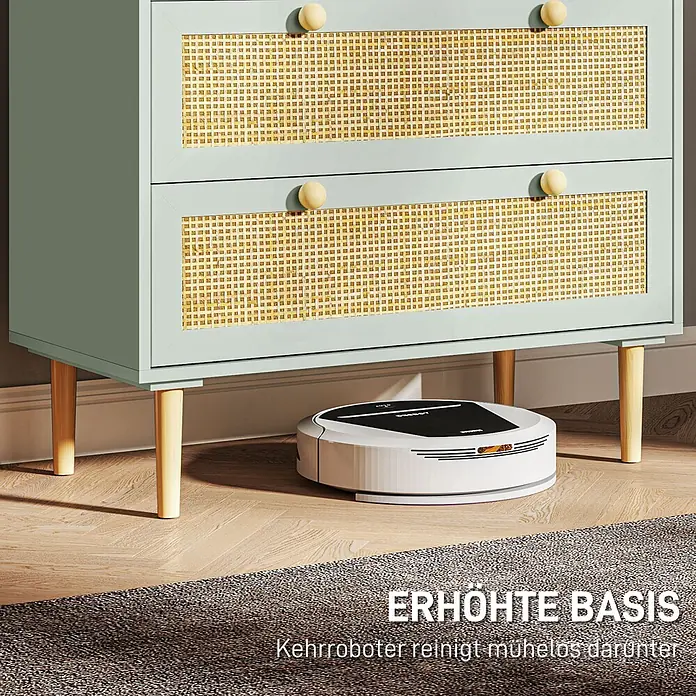 Homcom Kommode 1-teilig - L x B x H: 80 x 40 x 87,5 cm, Grün, gelb, Anzahl Schubladen: 3 Stk. - Hellgrüner Schrank mit Rattanfronten und Holzbeinen, darunter kann ein Saugroboter reinigen.