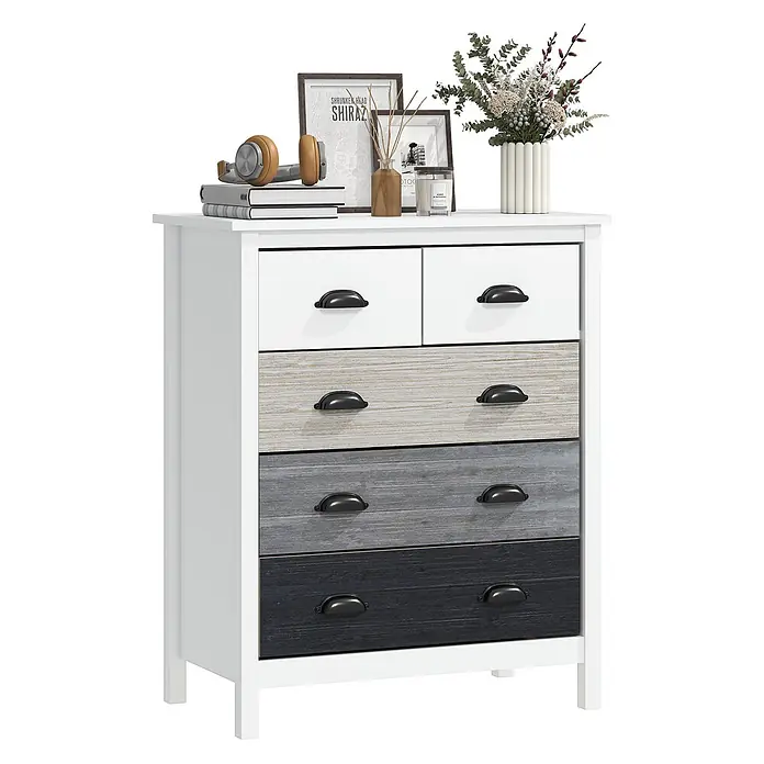 Homcom Kommode 1-teilig - L x B x H: 70 x 38 x 85 cm, Weiß, grau, Anzahl Schubladen: 5 Stk. - Weiße Kommode mit fünf Schubladen in Weiß und abgestuften Holztönen, alle mit schwarzen Muschelgriffen.