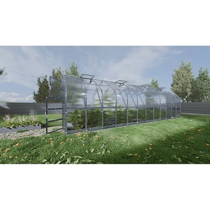 Klasika Greenhouses Gewächshaus Standart Klasika - Außenmaß inkl. Dachüberstand (B x T): 250 x 800 cm, Material Seitenwand: Kunststoff, 6 mm, Silbergrau - Großes Polycarbonat-Gewächshaus mit dunklem Rahmen und Dachlüftung, gefüllt mit Pflanzen in einem sonnigen Garten.