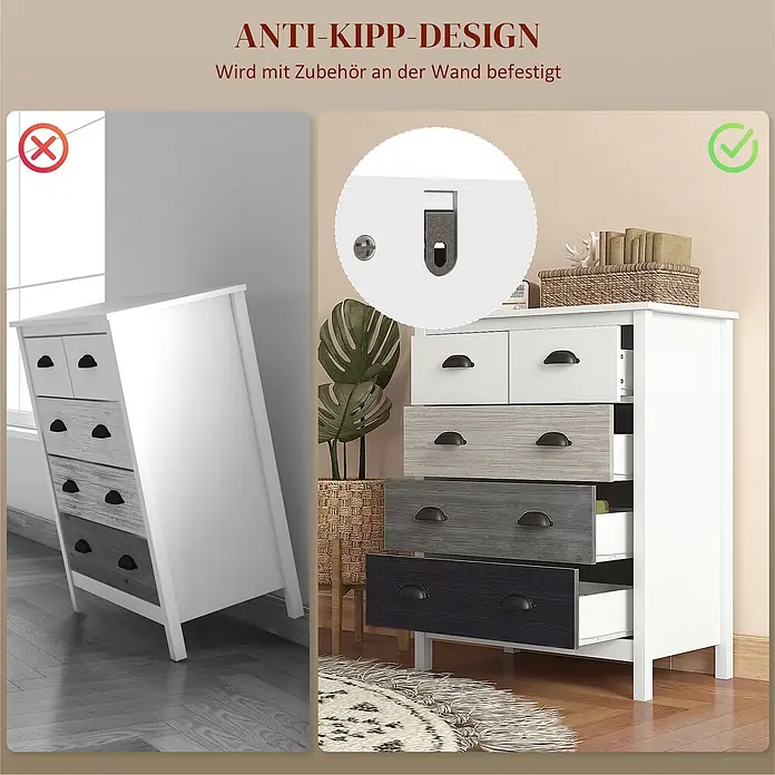 Homcom Kommode 1-teilig - L x B x H: 70 x 38 x 85 cm, Weiß, grau, Anzahl Schubladen: 5 Stk. - Weiß-graue Kommode mit Anti-Kipp-Design, sicher an der Wand befestigt.