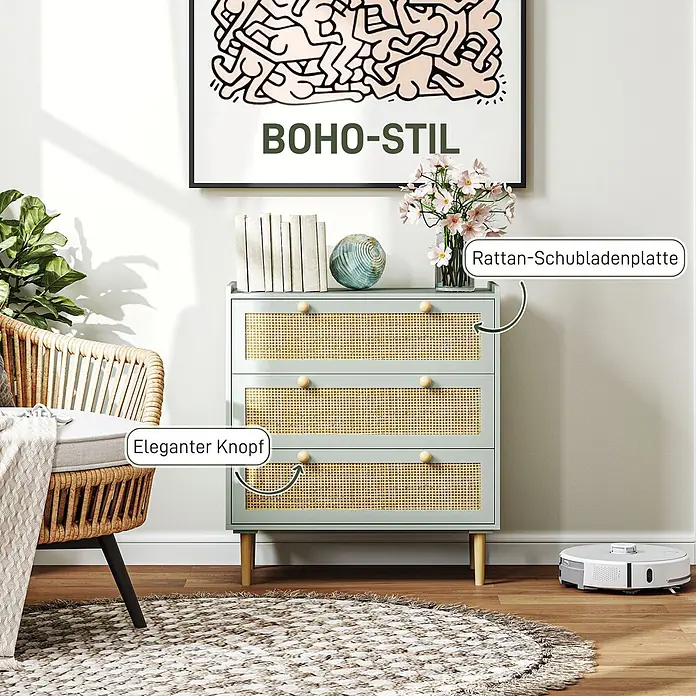 Homcom Kommode 1-teilig - L x B x H: 80 x 40 x 87,5 cm, Grün, gelb, Anzahl Schubladen: 3 Stk. - Hellgrüne Kommode mit Rattan-Schubladenplatten und Holzknöpfen, im Boho-Stil im Wohnzimmer.
