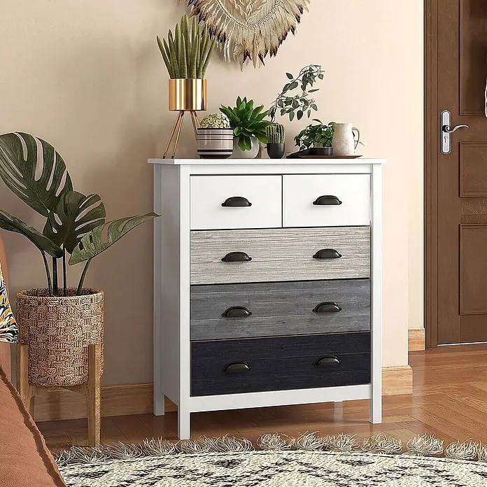 Homcom Kommode 1-teilig - L x B x H: 70 x 38 x 85 cm, Weiß, grau, Anzahl Schubladen: 5 Stk. - Weißer Kommode mit vier abgestuften Schubladen (weiß, hellgrau, dunkelgrau, dunkelblau) und schwarzen Griffen, mit Pflanzen in einem Wohnraum.