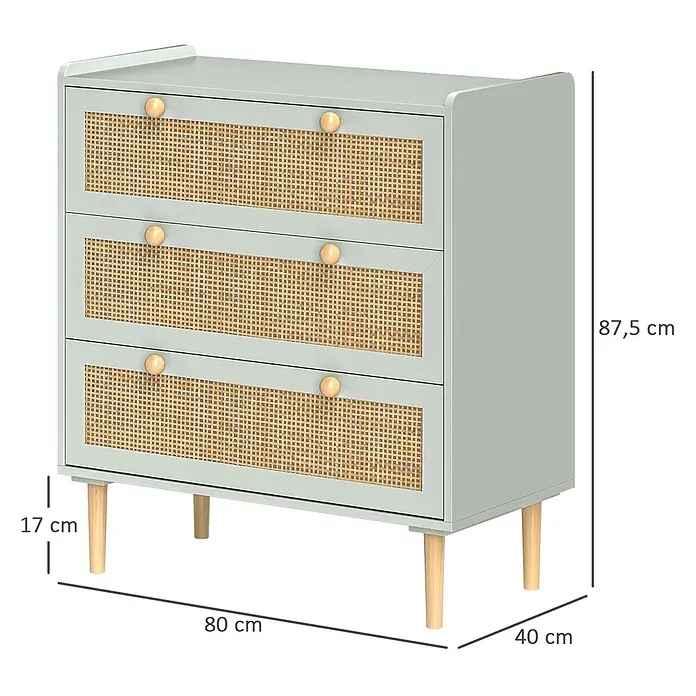 Homcom Kommode 1-teilig - L x B x H: 80 x 40 x 87,5 cm, Grün, gelb, Anzahl Schubladen: 3 Stk. - Hellgrüne Kommode mit 3 Schubladen, Rattanfronten, Holzgriffen und -beinen. H 87,5 cm, B 80 cm, T 40 cm.