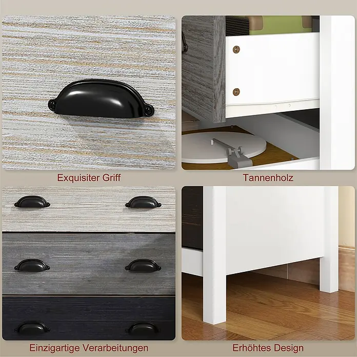 Homcom Kommode 1-teilig - L x B x H: 70 x 38 x 85 cm, Weiß, grau, Anzahl Schubladen: 5 Stk. - Mehrfarbiger Schrank aus distressed Tannenholz mit schwarzen Muschelgriffen, Schubladen, Plattenspielerfach und erhöhtem Design.