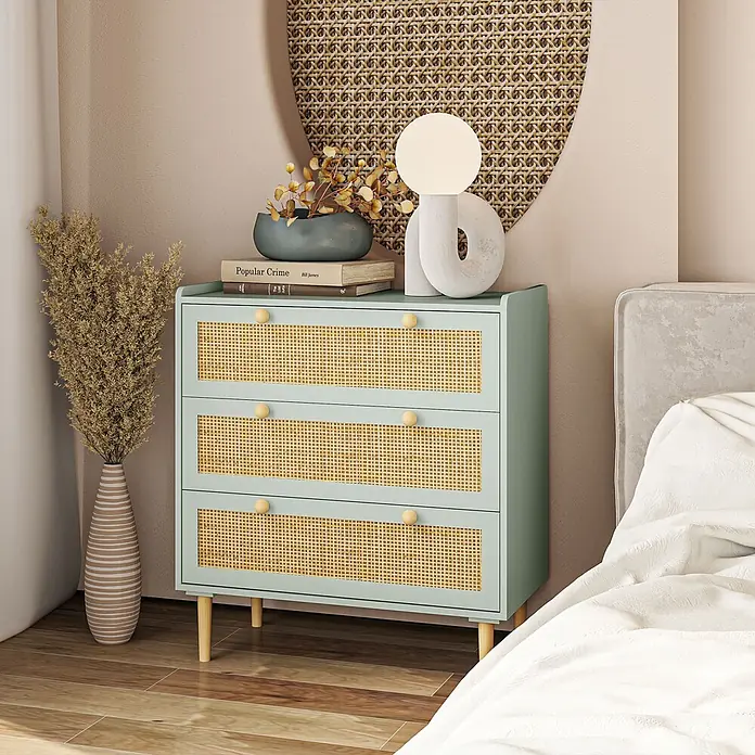 Homcom Kommode 1-teilig - L x B x H: 80 x 40 x 87,5 cm, Grün, gelb, Anzahl Schubladen: 3 Stk. - Hellgrüne Kommode mit Rattanfronten und Holzknöpfen/Beinen, dient als Nachttisch im Schlafzimmer.