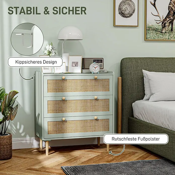 Homcom Kommode 1-teilig - L x B x H: 80 x 40 x 87,5 cm, Grün, gelb, Anzahl Schubladen: 3 Stk. - Mintgrüne Kommode mit Rattan-Schubladenfronten und Holzbeinen, mit Kippschutz und rutschfesten Fußpolstern für Stabilität im Schlafzimmer.