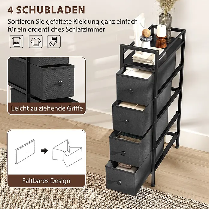 Homcom Kommode 1-teilig - L x B x H: 20 x 43 x 81,5 cm, Schwarz, Anzahl Schubladen: 4 Stk. - Schmaler schwarzer Schubladenschrank mit 4 Stoffschubladen und Ablage, zur Organisation gefalteter Kleidung. Mit leicht ziehbaren Griffen und faltbarem Design.