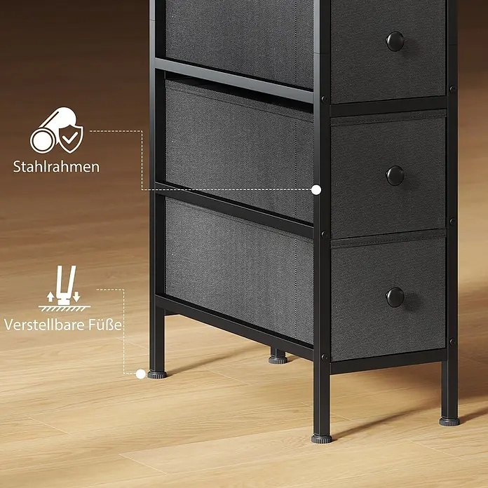 Homcom Kommode 1-teilig - L x B x H: 20 x 43 x 81,5 cm, Schwarz, Anzahl Schubladen: 4 Stk. - Schwarze Kommode mit Stoffschubladen, Stahlrahmen und verstellbaren Füßen, die für Stabilität sorgen.