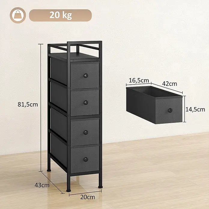Homcom Kommode 1-teilig - L x B x H: 20 x 43 x 81,5 cm, Schwarz, Anzahl Schubladen: 4 Stk. - Hohe schwarze Stoffkommode mit Metallrahmen, 81,5cm H x 43cm B x 20cm T. Vier Schubladen bieten Stauraum.