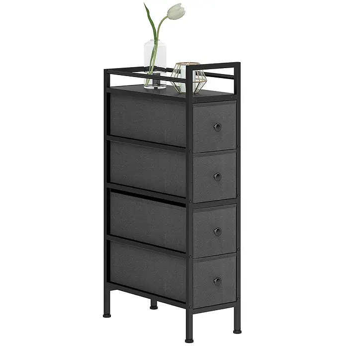 Homcom Kommode 1-teilig - L x B x H: 20 x 43 x 81,5 cm, Schwarz, Anzahl Schubladen: 4 Stk. - Schmale schwarze Metallkommode mit acht dunkelgrauen Stoffschubladen (4 große, 4 kleine).