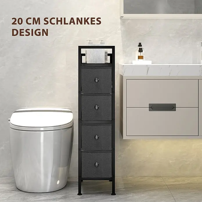 Homcom Kommode 1-teilig - L x B x H: 20 x 43 x 81,5 cm, Schwarz, Anzahl Schubladen: 4 Stk. - Schwarzer, schlanker Badezimmerschrank mit vier Stoffschubladen neben Toilette und Waschbecken.