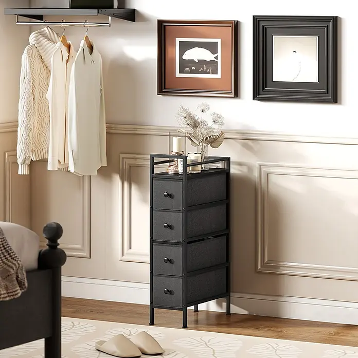 Homcom Kommode 1-teilig - L x B x H: 20 x 43 x 81,5 cm, Schwarz, Anzahl Schubladen: 4 Stk. - Hohe schwarze 5-Schubladen-Stoffkommode mit Metallrahmen, ideal für kompakten Stauraum im Schlafzimmer.