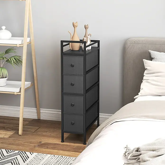 Homcom Kommode 1-teilig - L x B x H: 20 x 43 x 81,5 cm, Schwarz, Anzahl Schubladen: 4 Stk. - Schmaler schwarzer Kommode mit Metallrahmen und vier Stoffschubladen, neben einem Bett als Nachttisch.