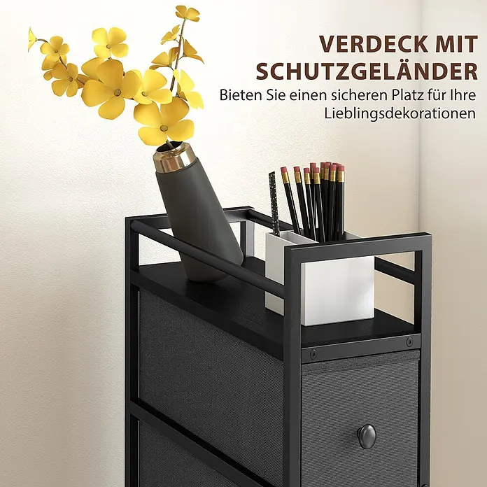 Homcom Kommode 1-teilig - L x B x H: 20 x 43 x 81,5 cm, Schwarz, Anzahl Schubladen: 4 Stk. - Schwarzer Aufbewahrungsschrank mit Stoffschubladen und Schutzgeländer auf der oberen Ablage, für Deko und Büromaterial.