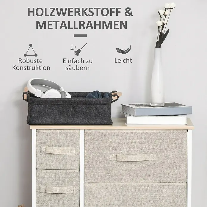 Homcom Kommode 1-teilig - Hellgrau, Anzahl Schubladen: 7 Stk. - Helle, beige Stoffkommode mit mehreren Schubladen, Holzplatte und weißem Metallrahmen, darauf ein dunkelgrauer Filzkorb.