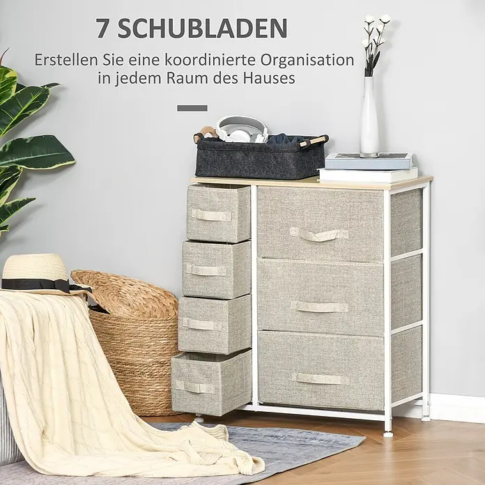 Homcom Kommode 1-teilig - Hellgrau, Anzahl Schubladen: 7 Stk. - Textil-Schubladenschrank mit 7 Fächern: 4 kleine, 3 große, heller Holzplatte, weißem Metallrahmen für vielseitige Organisation.